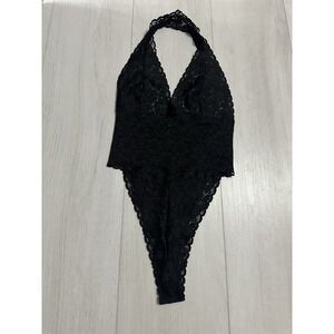 Vintage Victoria's Secret Teddy Lingerie Sz M - Black Lace Halter High Leg